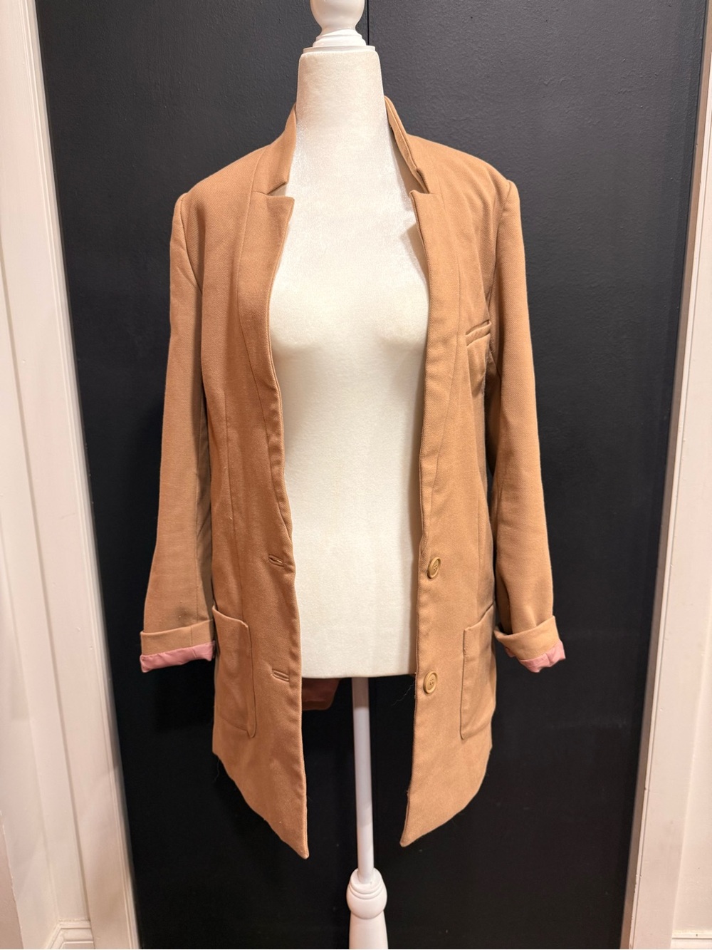 H&M Camel Longline Blazer with Pink Cuff Detail